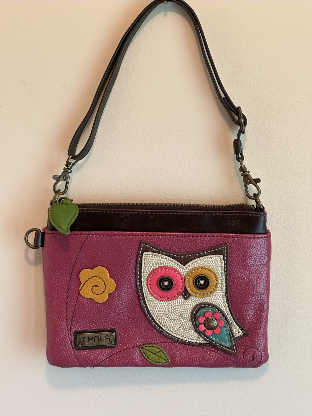 Chala Owl Mini Shoulder Dark Pink Leaf Zipper Pull Mini Clutch Purse Bag Pockets